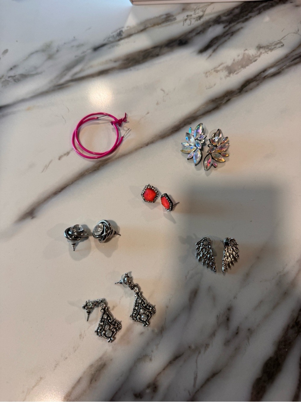 Pink Hoop Earrings/ art deco/ neon/ feather: lot of 6 shown